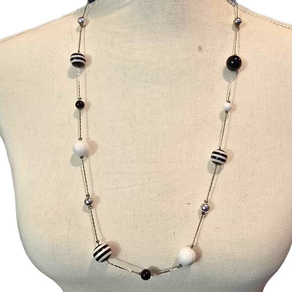Necklace Vintage Long Beaded Striped Ball Silver Tone Retro Jewelry 26" SKU2135 - Picture 1 of 5